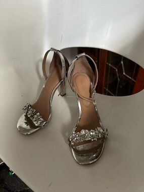 ALDO Silver Chrome Floral Embellished Ankle-Strap Heels
